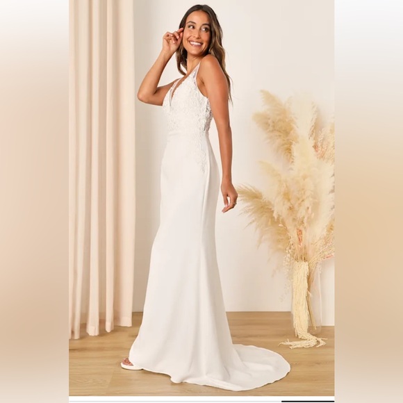 NWT Lulus Precious Promise White Satin Embroidered Lace Mermaid Maxi Dress